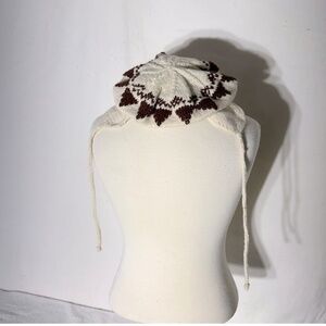 Vintage Hand Knit Cream Brown Hat With Ear Flaps